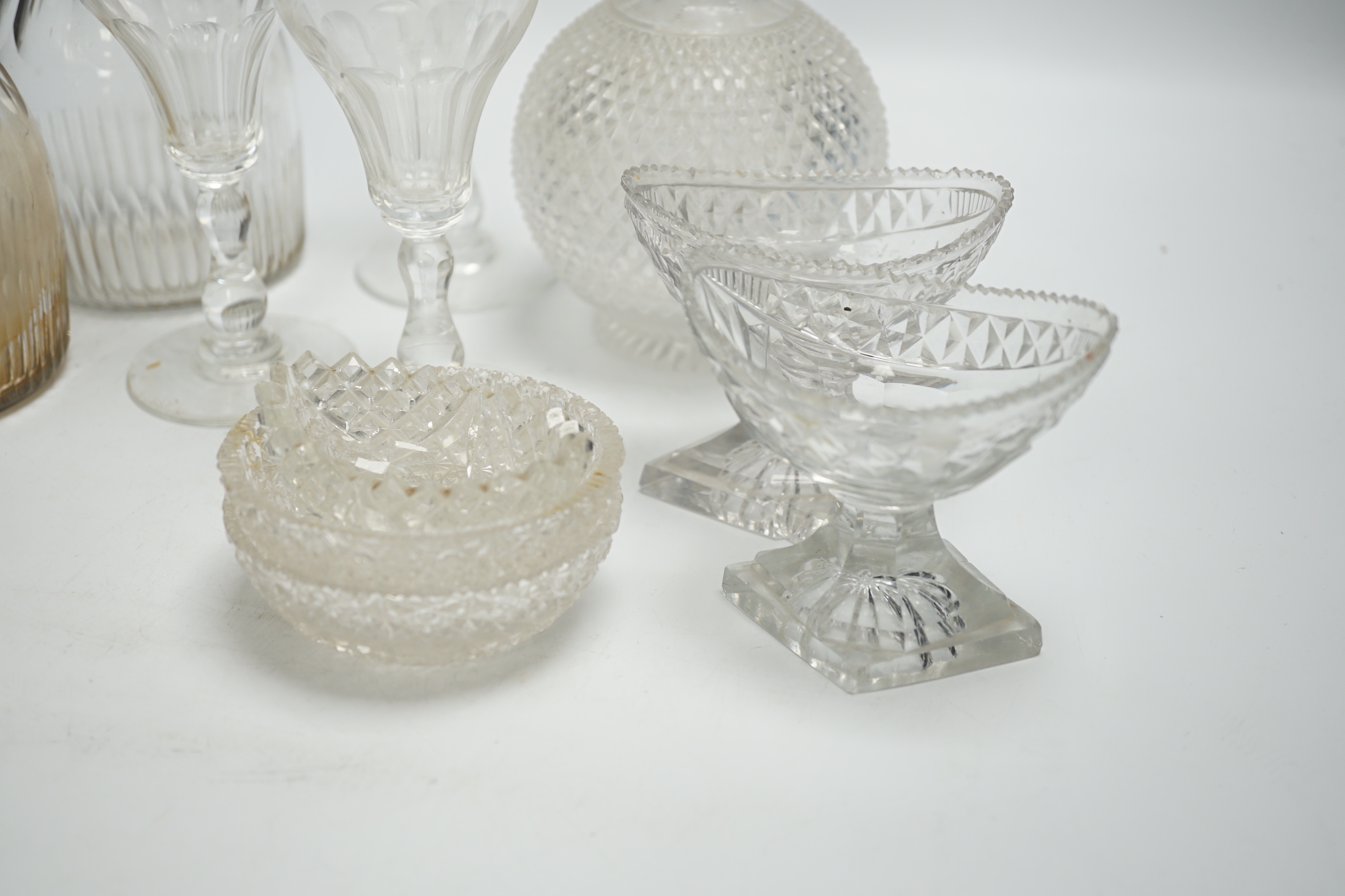 A pair of 19th century cut glass decanters, a collection of salts, etc., decanters 23.5cm including stoppers (11)